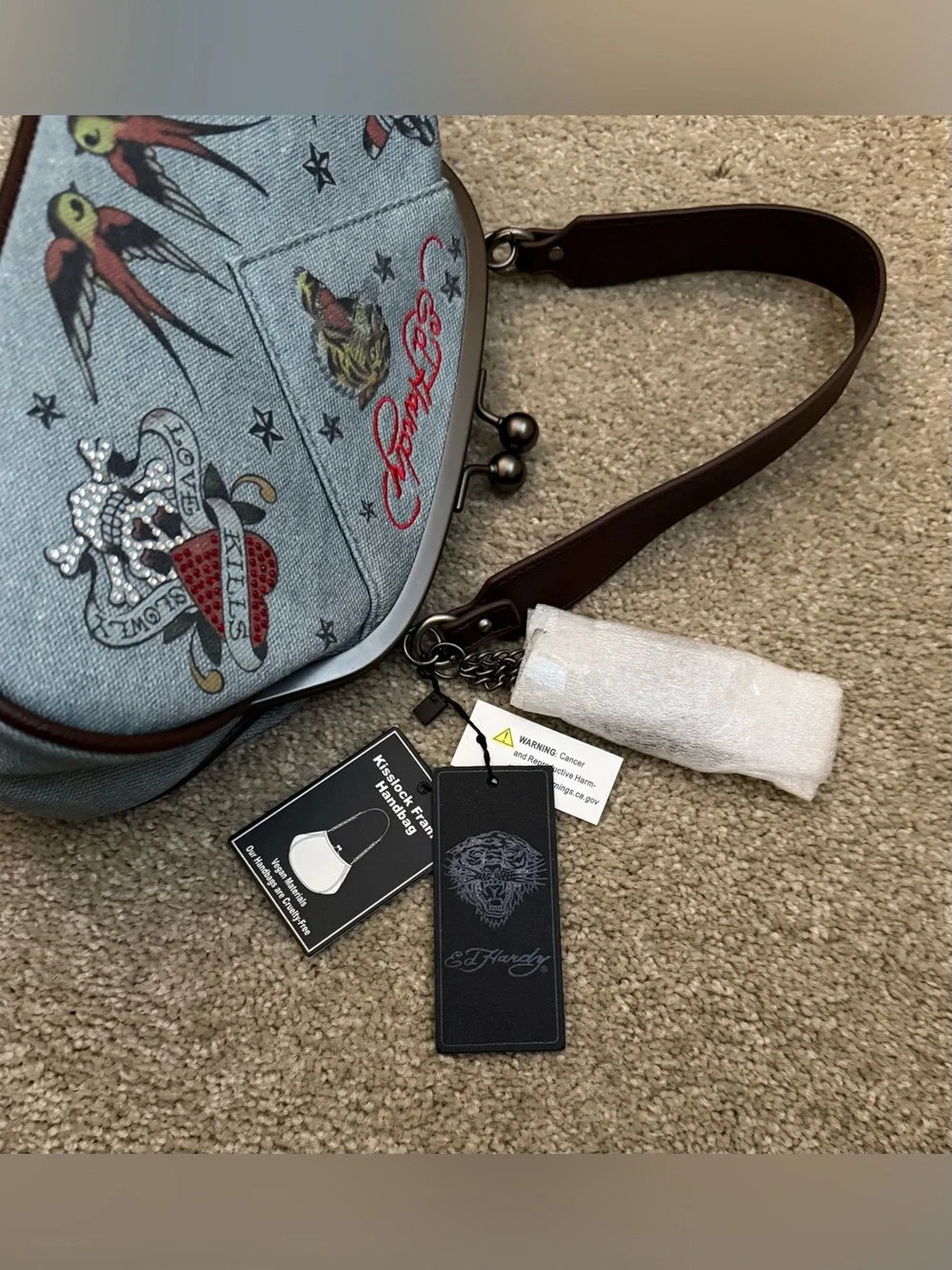 NWT Ed Hardy Tattoo Print Denim Canvas Kisslock Shoulder Bag Handbag Dome